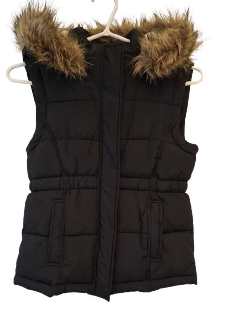 Joe Fresh Black Puffer Vest with Faux Fur-Trim Removable Hood Pockets